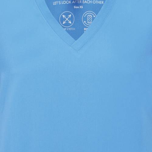 A close up of Onna by Premiers scrub tunic in Ceil Blue