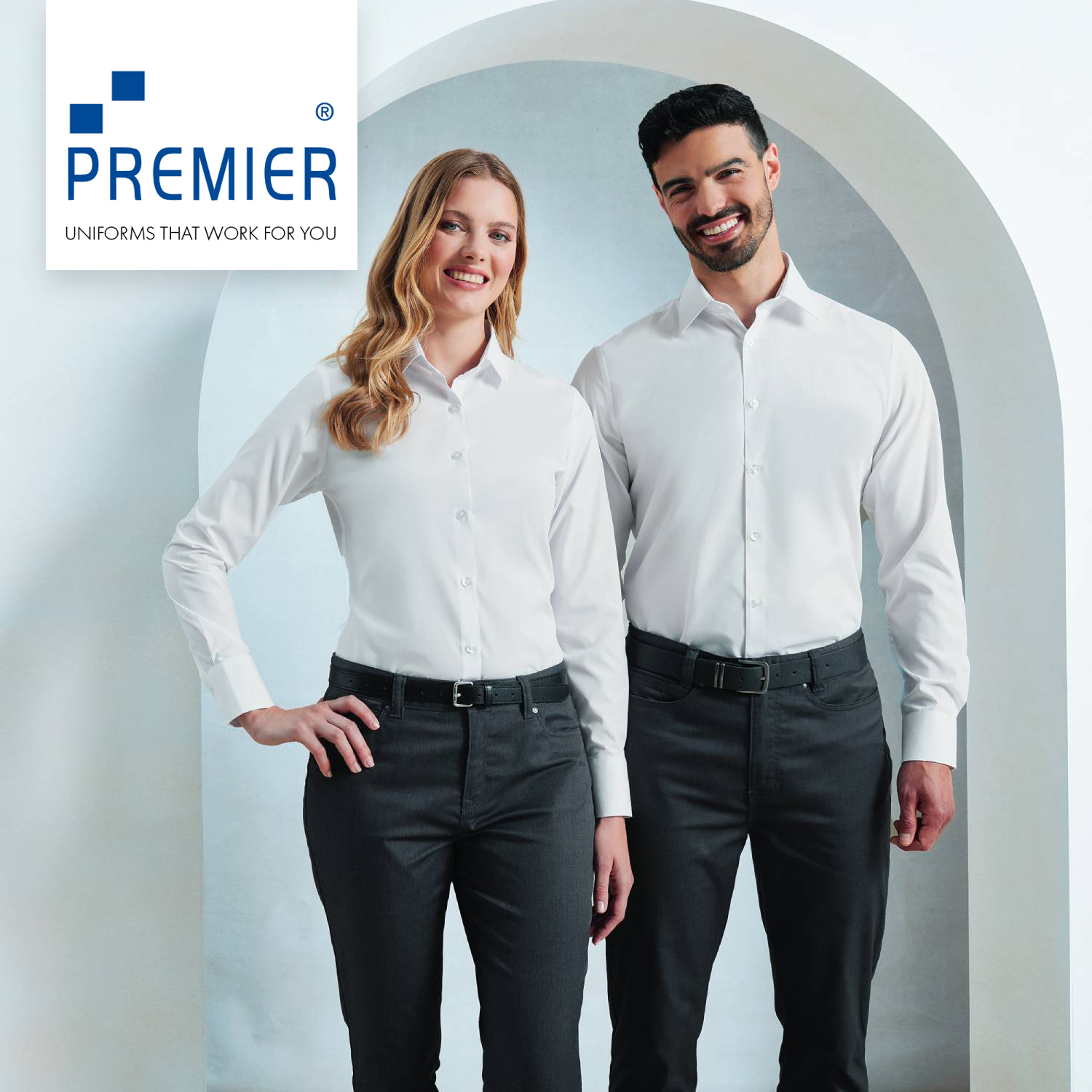 A picture which features a woman and man wearing shirts and smart trousers. A premier logo in the top left corner.