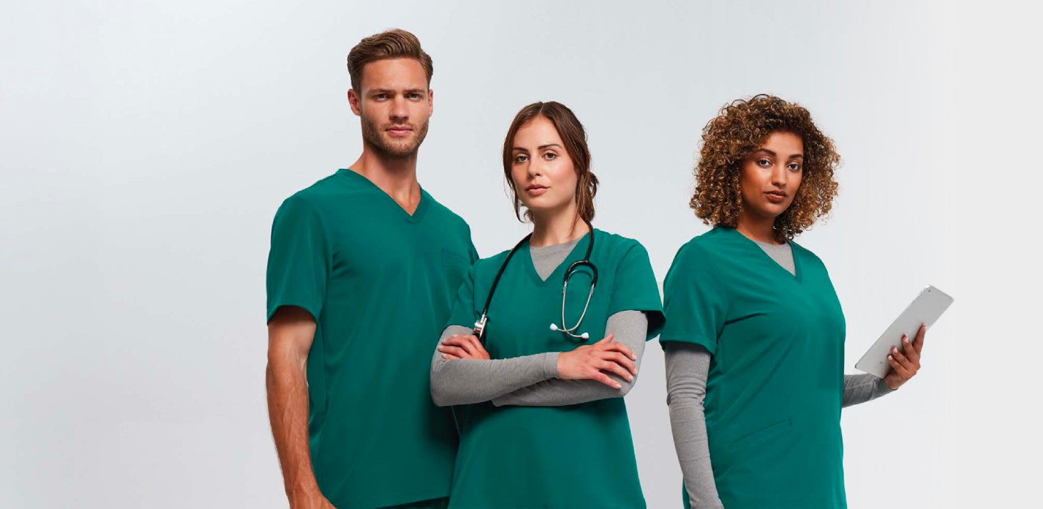 A man and two women wearing Onna by Premier Scrub Tunics in Clean Green